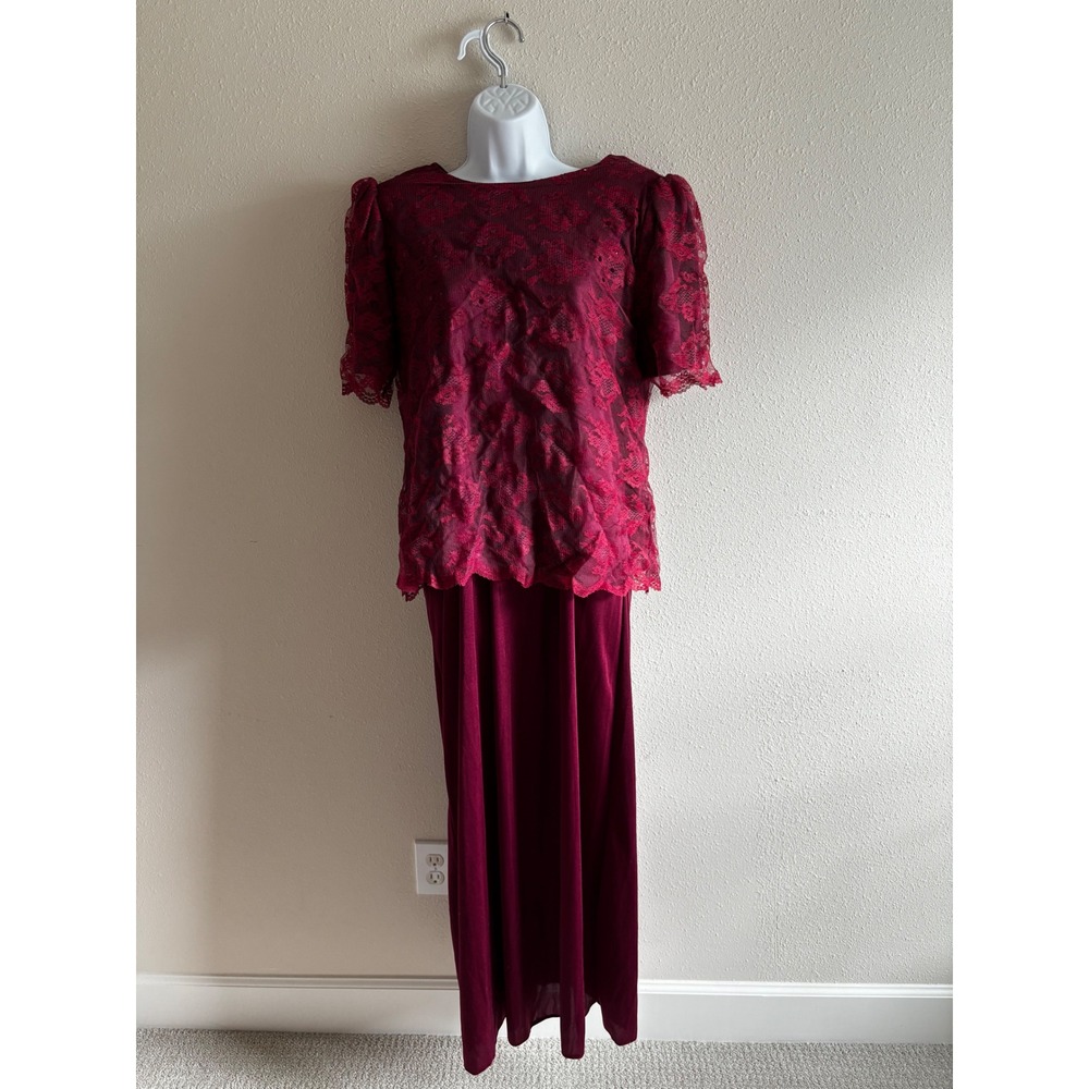 Praise Hymn 90s Vintage 2pc Dress Set M Burgundy Lace Sequin Formal Choir‎ Gown